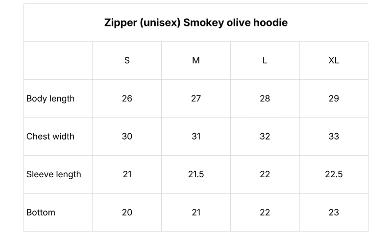 Size chart for Smoky olive zipper hoodie - Women