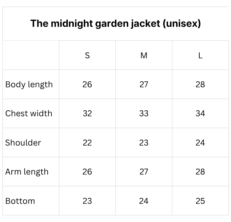 Size chart for The Midnight Garden Jacket - Men