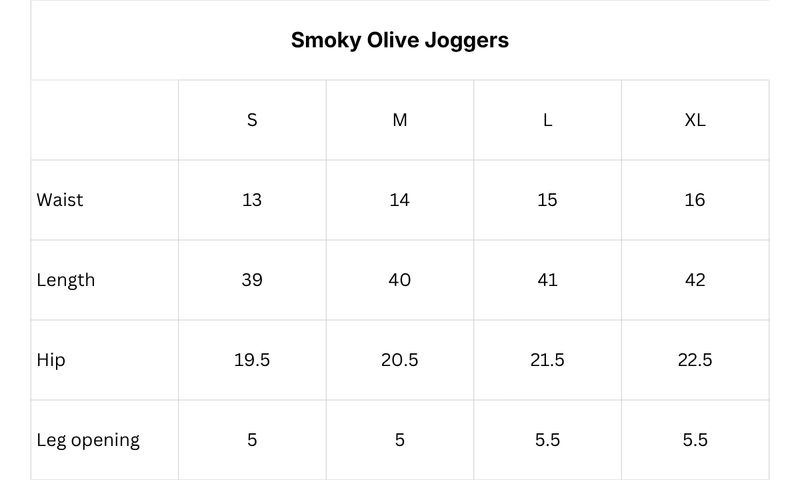 Size chart for Smoky olive Joggers - Men