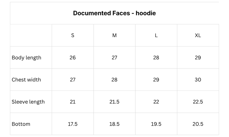 Size chart for “Documented Faces” MEN