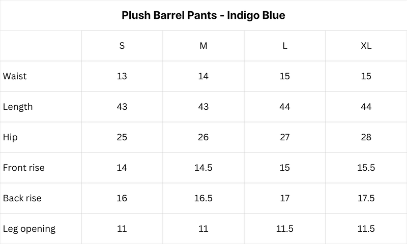 Size chart for Plush Barrel Trousers - Indigo Blue - Unisex