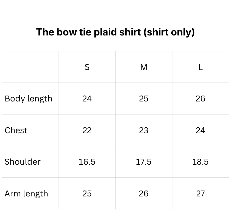 Size chart for The Bow-Tie Plaid Corset Shirt