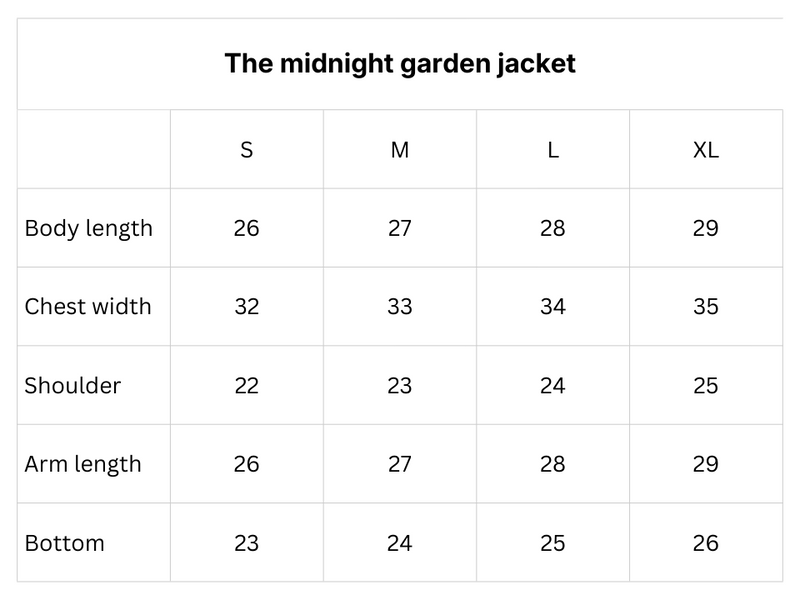 Size chart for The Midnight Garden Jacket - Women