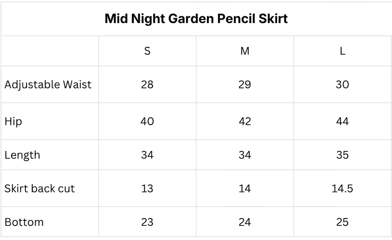 Size chart for Mid Night Garden Skirt