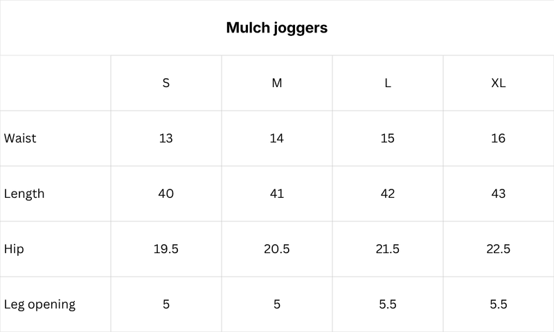 Size chart for Mulch joggers - Women