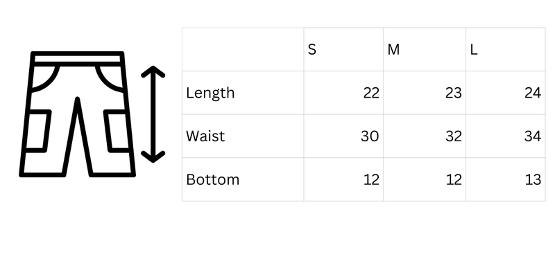 Size chart for Olive drab heart trim shorts